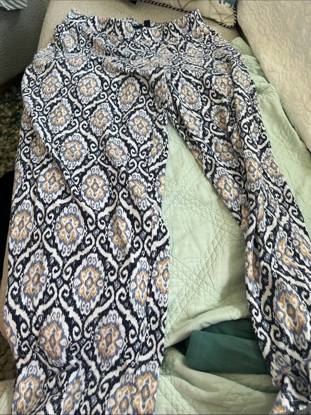 Denim&Co Wide Leg Pants - Navy, White & Gold Medallion Print